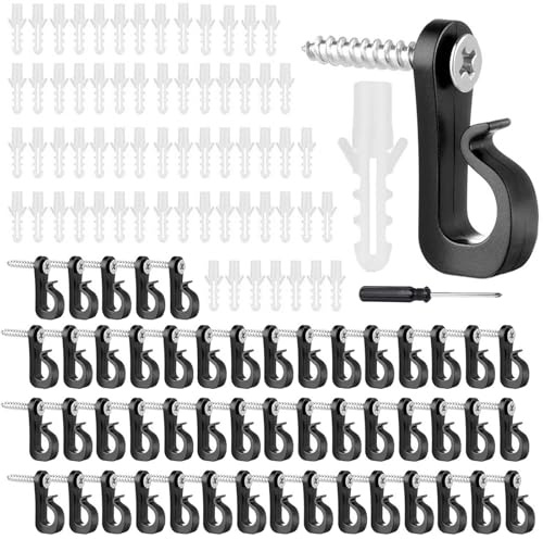 50 Pack Q-Hanger Screw in Hooks, Screw Hooks with Safety Buckle for Outdoor Lights, Fence Hooks, Outdoor Hook for Light Wire Christmas Light Hooks Clips for Hanging Fairy Lights Patio Light