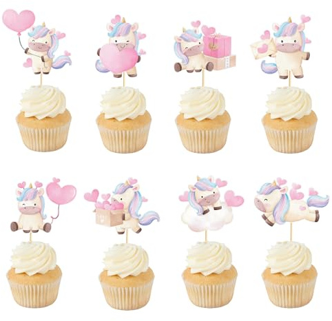 Arthsdite Einhorn-Cupcake-Topper mit Herz, Party-Dekoration, geeignet für Babyparty, Valentinstag, Geburtstag, Party-Dekoration, 24 Stück