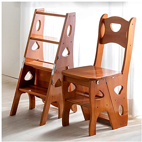 Aioneer Solid Wood Folding Library Ladder Chair Foldable 4-Step Stool Dual Purpose Stepladders 4-Step Climb Step Folding Ladder Chair Display Stand Flower Stand