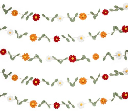 Janinka 5 Pcs Wool Felt Daisy Banner Garland Daisy Party Decorations, Wildflower Garland Birthday Decorations for Wedding Party Birthday Supplies(Autumn Color)