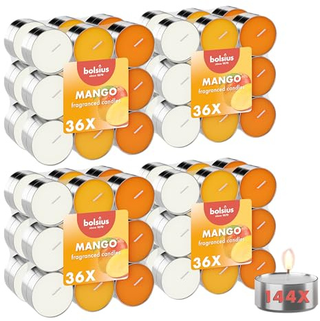 Bolsius - Velas aromáticas de tres colores - Mango - 144 unidades - Extractos naturales - Contiene cera vegana - Sin aceite de palma