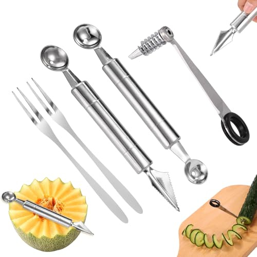 Kitchen Spiral Vegetable Cutter Set, Stainless Steel Spiralizer with V-Shaped Carving Tool Fruit Ball Scooper and 2 Forks for Potatoes Cucumbers Carrots Melon Decoration