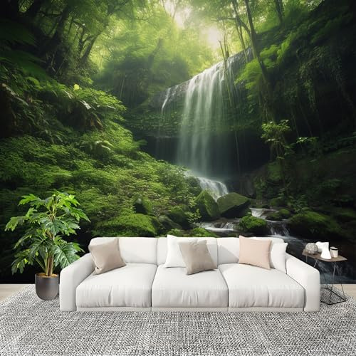 Mural de Interior Fotomurales 200x140 cm Paisaje De Cascada En El Bosque Tejido No Tejido Fotomurales Papel Pintado Verde Pared Panorámico para Dormitorio Salón TV Pared Murales Póster