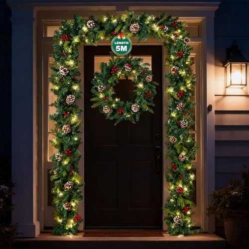 Soontrans Tannengirlande 5m mit 100 Warmweiße LED, Weihnachtsgirlande Strombetrieb aus PVC mit Speicherfunktion 8 Leuchtmodi Tannenzapfen Beeren, LED Girlande für Ihnen Außen