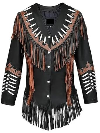 MERCH ATTIRE Dam västerländsk svart mockajacka med bruna fransar cowgirl festivalrock, Svart - Mocka läder, 3XL