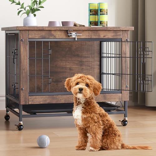 Hundekäfig Möbel Holz 2 Türen Mit Klapptisch & Rollen, Bissfester Haustierkäfig Indoor, Leicht Zu Reinigen Mit Ausziehbaren Tablett, Robuste Hundebox Für Kleine Hunde 67x50x65 cm