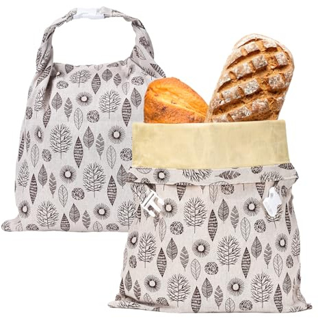 GOEDCH 2 stycken bivax, brödpåse: 53 × 34 cm högkvalitativ återanvändbar bomullspåse, stor bivax, förvaringspåse för hembakat bröd och bakverk, Utan dragkedja, Fästs med Spännen
