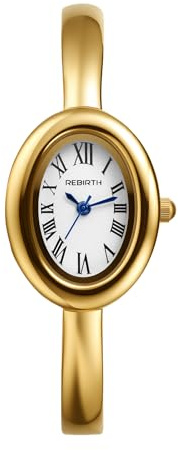 JewelryWe Damenuhr Kleine Ovale Armreif-Uhr 3ATM Wasserdicht Analog Quarz Armbanduhr Spangeuhr Damen Schmales Metallarmband Armreif Armspange Quarzuhr mit Römischen Ziffern