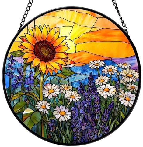 Window Sun Catcher, Durable Acrylic Suncatchers with Chain, Passionate Sunflower Daisy Lavender Sunset Suncatcher, Decorative Hanging Ornament for Home Garden Gift, Sunflower Gifts for Women