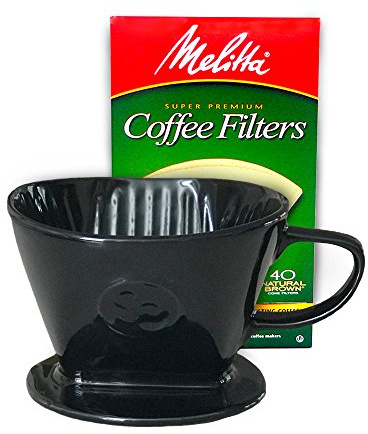 Simply Charmed Coffee Pour Over Single Cup Ceramic Brewer Coffee Maker with Melitta Filters (Black) 8-16 oz Depending on How Much Water/Grounds You Use