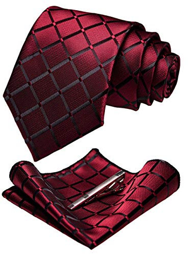 JEMYGINS Herren Krawatte kariert aus Seide und Krawattenklammern & Taschenset, dunkelrot