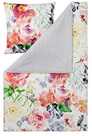 ESTELLA Bettwäsche Rose 4740 985 Bunt Blumen Blüten Aquarell Floral Streifen Mako Satin, Größe:135 cm x 200 cm
