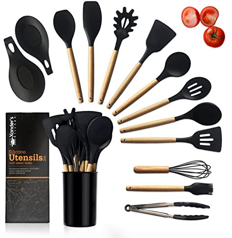 Xander’s Kitchen Silicone Utensil Set 14 Pieces – Bamboo Kitchen Utensils – Kitchen Accessories Made with Food Grade Silicone and Wooden Handle – Heat-Resistant Utensils