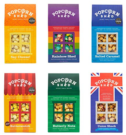 Popcorn Shed 6 Shed Luxury Popcorn Selection Bundle - 6 Flavour Gourmet Popcorn Variety Pack (6 Pack), Gluten Free, Natural Movie Night Snacks, Coloured Popcorn Gift