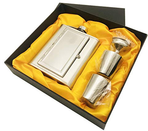 Petaca Bpa 5 oz de Whisky Botella garrafa 18/8 Acero Inoxidable de la Cadera del Alcohol matraz Espejo Caja de Cigarrillo Petaca Set con Caja DE Regalo 29 (Color : Set of Silver)