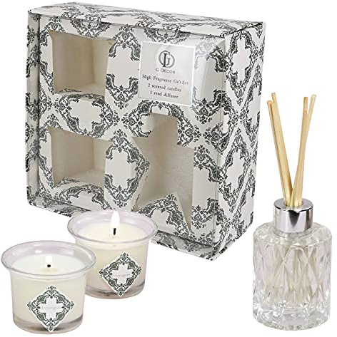 G Decor Set Small Jar Candles and Reed Diffuser, Lemongrass Scented, Natural Aroma Soy Wax, Luxury Three Piece Set Present, Great New Home Welcoming Gift, Black Smoke Free