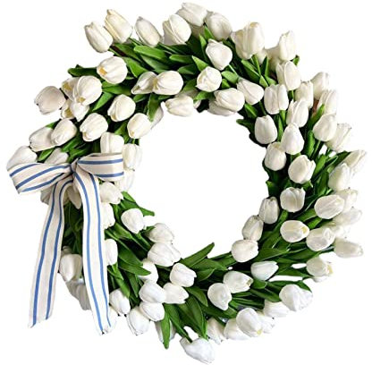ZYLLZY Corona di tulipani bianca per porta d'ingresso, ghirlanda di fiori in seta artificiale con fiocco, corona di fiori artigianali in rattan, tulipano estivo, per finestre, pareti, matrimoni, San