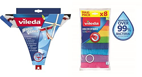 Vileda - 123385 - Raclette Vitre Active 2 en 1 & Colors Lavettes Microfibres dépoussiérantes et dégraissantes - 8 pièces