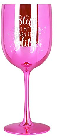 Herz & Heim® Weinkelch hochglänzend mit Gravur aus Kunststoff 460 ml Pink, Glitzer