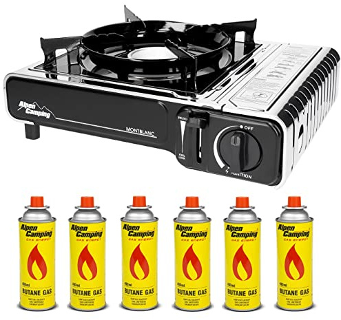 Alpen Camping Cocina de gas 2,2kW Cocina de camping Consumo de gas 160 g/h Encendido piezoeléctrico + Cartucho 400 ml, certificado: Pi 0875, compatible con EN417, IK004 (Cocina de gas + 6 x Cartuchos)