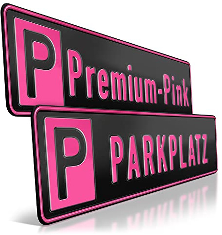 1 Premium Parkplatzschild | Pink auf Schwarz | Wunschtext | Aluminium | Bis zu 14 Zeichen | Privat-Parkplatz | Parkplatz-Kennzeichen | Stellplatz Kfz Kennzeichen | Parkverbot | 520 x 110 mm