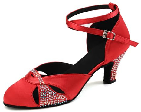 AOQUNFS Tanzschuhe Damen Latein Geschlossene Satin Strass Salsa Tango Bachata Walzer Ballsaal Hochzeit Leistung Schuhe,L157-Rot-6,39EU