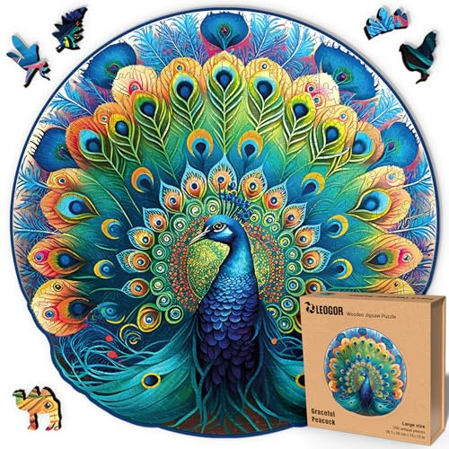 LEOGOR Pfauen-Holzpuzzle für Erwachsene, 350 Teile, 38,1 x 38 cm, farbenreiches Rundmotiv aus Naturholz, kreatives Geschenk für Familienzeit und bildschirmfreie Entspannung
