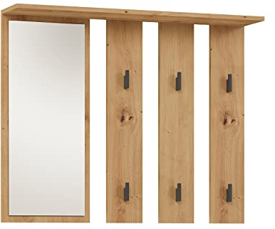 CDF Garderobe Wandgarderobe mit Spiegel Flurgarderobe Dielenpaneel Wandpaneel mit Regal Haken Modern Garderobenpaneel Platzsparend für Flur Diele Schlafzimmer - Eiche Artisan