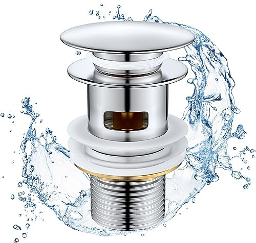 Ainiv avloppsuppsättning tvättställ med bräddavlopp, universal popup avlopp ventil för tvättställ av alla, handfat avloppssats POP UP-ventil med bräddavlopp för tvättställ (stort skydd 66 mm)