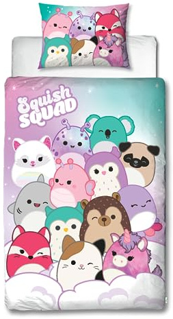 Squishmallows Officially Licensed Bright Design Single Duvet Cover Set | Reversible 2 Sided Squish Squad Bedding Including Matching Pillow Case | Perfect For Kids Bedroom | Polycotton