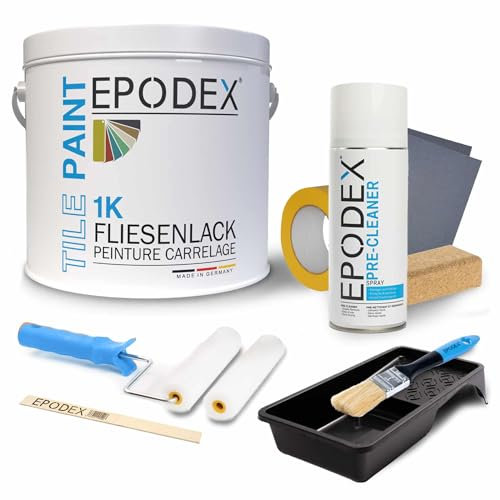 EPODEX 1K Fliesenfarbe mit Zubehör für Badezimmer, Küche & mehr, Fliesenlack für normal beanspruchte Wandfliesen, Seidenmatter Lack in Weiß, Grau, Beige & mehr - 1kg (7m² für 2 Anstriche)