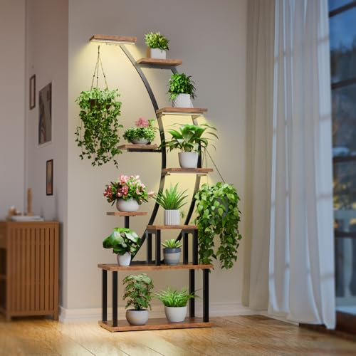 BACEKOLL Plant Stand Indoor With Grow Lights - 9 Tiered Metal Shelf, 63 Tall for Multiple Plants, Large Display Rack, Corner Holder for Living Room, Patio