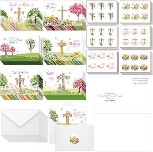 Dispowreath 240 Pcs Inspirations Easter Card Bulk with Scripture Easter Greeting Cards with Envelops Stickers He Is Risen Cards Spring Jesus Cross Inspiring Bible Cards for Christians Party Favors
