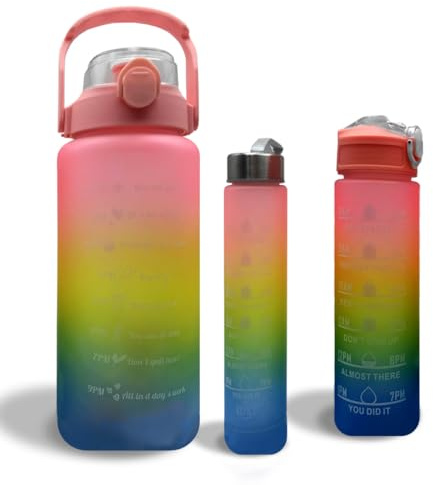 LITTLELAGOON Set di 3 borracce con cannuccia, 2 l, 300 ml, 900 ml, a prova di perdite, senza BPA, con indicatore del tempo, perfetta per sport, scuola, ufficio, palestra, yoga, ciclismo, per bambini e