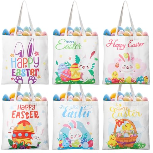 Photect 6 Pcs Easter Tote Bags 13.78 x 13.39 Inch Canvas Bunny Gifts Bags for Spring Happy Easter Party Supplies (Cute)