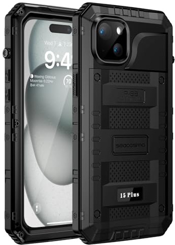 seacosmo Cover per iPhone 15 Plus Impermeabile, IP68 360 Gradi Militare Protezione Custodia, Subacquea Waterproof Antiurto Antipolvere Case con Protezione dello Schermo/Copri Fotocamera, Nero