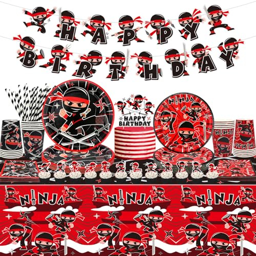 Ninja Geburtstag Dekoration - Banner, Tischtuch, Teller, Servietten, Geschirr für Karate Ninja Warrior Master Party - Jungen Mädchen Baby Dusche Supplies, Serviert 20