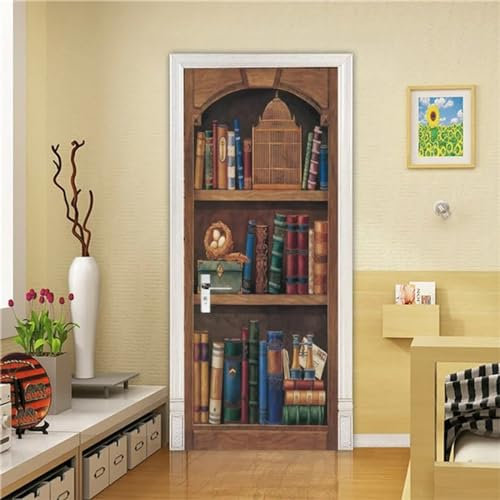 XAONUO 3D Türposter Türaufkleber Türfolie Dekofolie Retro Bibliothek Bücher Bücherregal 77X200Cm Pvc Wasserdicht Selbstklebende Wandbild Tapete Für Wände Aufkleber Büro Schlafzimmer Wohnzimmer
