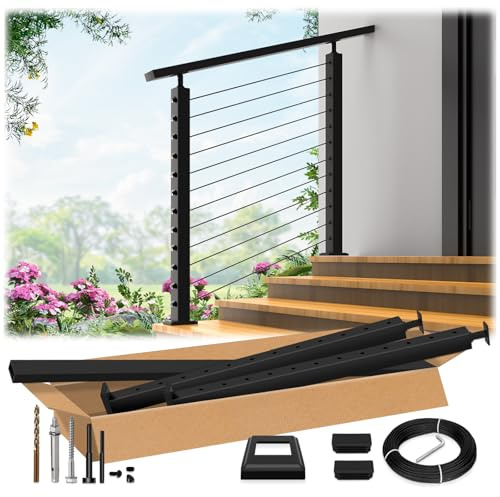 Zylorix 2ft-4ft Complete Set 33° Drilled Cable Railing System 42 with Handrail Cuttable, T304 Stainless Steel Black Angle Cable Railing Posts Kit with 1/8 Cable Railing Hardware for 28-38° Step