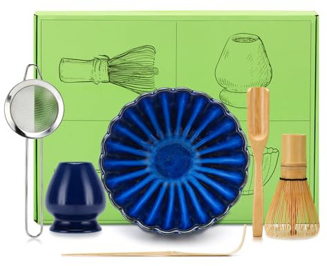 DiDiBirDi Matcha-Tee-Set aus Keramik, 6-Teiliges Japanisches Matcha-Schüsseln-Set, Matcha Schneebesen, Edelstahl Filter, Löffel aus, Schneebesen Stand (blue)