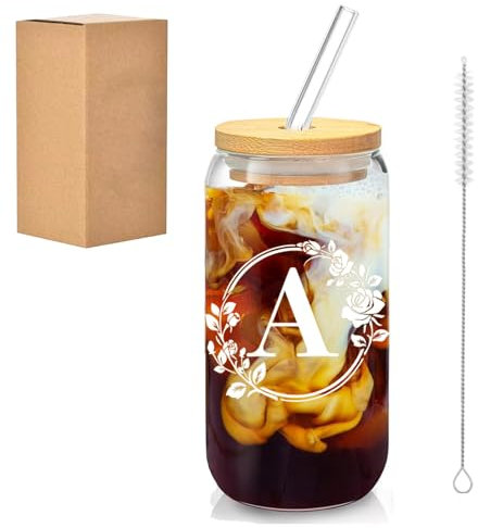 Larfraecy 16Oz Tasse en verre personnalisée A-Z Verre avec couvercles en bambou,pailles et brosse à paille,Verre Canette Initiale,Cadeau personnalisé pour femme, petite amie,maman (A)