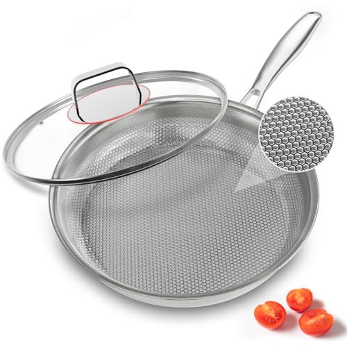 ABIJAN Stainless Steel Frying Pan with Lid, 5-ply clad Stainless Steel Pan 28cm, Skillet pan Uncoated, PTFE & PFOA-free, Fish scale pattern, Compatible with Gas, Induction and Electric Hobs, Oven safe