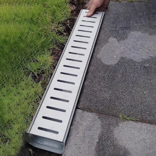 Trough Type Drainage Ditch,(Trough Guttering，(Garden Resin Trench Drain with Stainless Steel Grate, Fast Draining Outdoor Drain Cover, Rainwater Filters for Yard Deck, Easy Install(W10cm(4