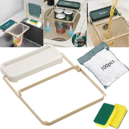 1/2 Pack Meshmate Waste Rack Sink, Foldable Food Catcher & Corner Basket for Kitchen Sink – Suction Cup Filter Holder & Disposable Sink Net Strainer with 100 Pcs Mesh Bags (White)