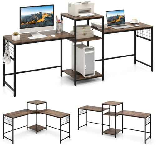 COSTWAY L-Shaped Computer Desk, 240cm Long Convertible 2-Person Desk Writing Study Table with Printer Stand and Adjustable Shelf, Industrial Metal Frame Home Office PC Laptop Gaming Workstation