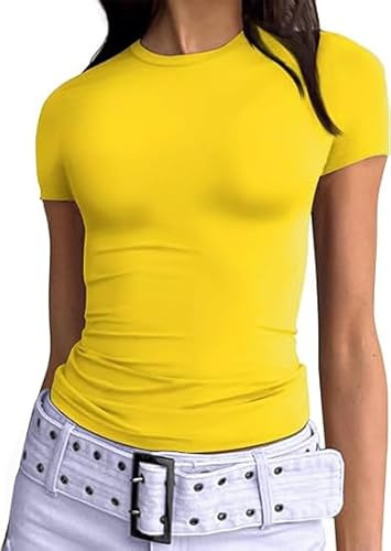 Haut pour femme T-shirt à manches courtes chemise coupe ajustée basique T-shirt hauts d'été chemisier, XS Taille courte
