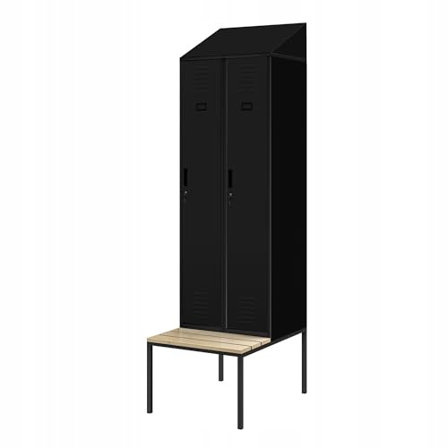 Jan Nowak Spind Metall mit Sitzbank Doppelspind abschließbar Sozialraumschrank Spindschrank Schließfachschrank Umkleideschrank mit 2 Abteilen für Betrieb Schule Fitness 229,5 x 85 x 60 cm