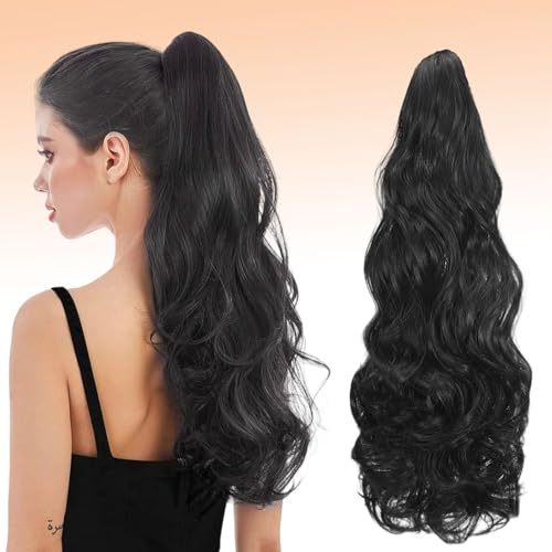 Webshaiy Ponytail Extension Pferdeschwanz Haarteil, Lange Wellig Pferdeschwanz Zopf Extension Synthetik Haarverlängerung Claw Clip in Haarteil Ponytail für Damen 55cm Natürliches Schwarz