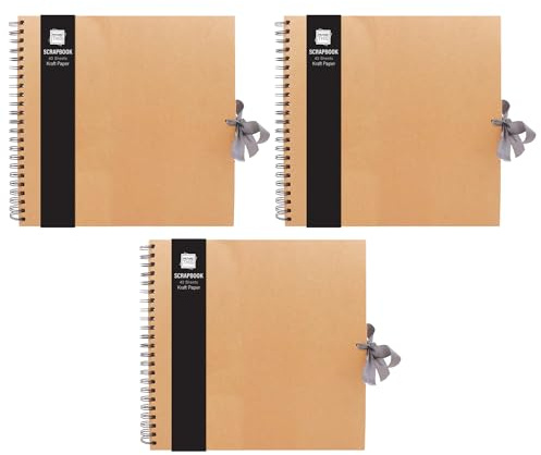 TENLITE Brown Kraft Scrapbook Album – 40 Pages, 30x30 cm | DIY Square Photo Book for Scrapbooking, Journaling, Art & Craft Projects | Perfect for Travel Diaries, Gifting, Baby Memories - (Pack Of 3)