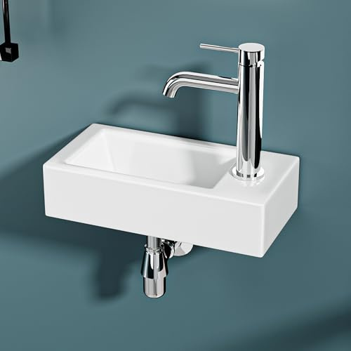 DILECI – Vasque Lave-Mains Compacte Sortie Droite 36,5x18x9 cm – Lavabo Rectangulaire en Céramique Blanche – Idéal Petits Espaces, Toilettes, WC et Coins Exigus – Installation Facile